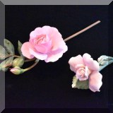 P05. Boehm long stemmed pink porcleain rose. (Smaller rose is unmarked.) 